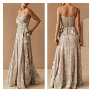 ANTHROPOLOGIE BHLDN Hutch Alden Wrap Maxi Dress Gown in Dove Grey S